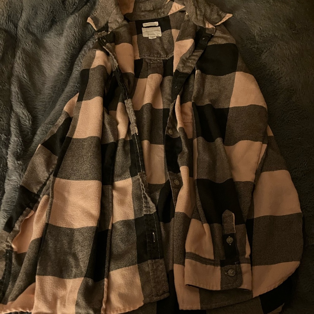 American Eagle Outfitters Black and Pink Plaid Button Down Shirt